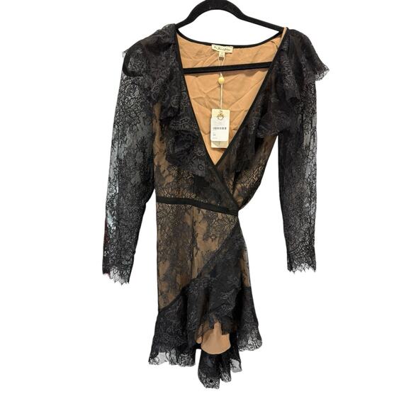 NWT For Love & Lemons Daphne Lace Wrap Mini Dress Black Nude Sheer Ruffle M - Picture 8 of 9